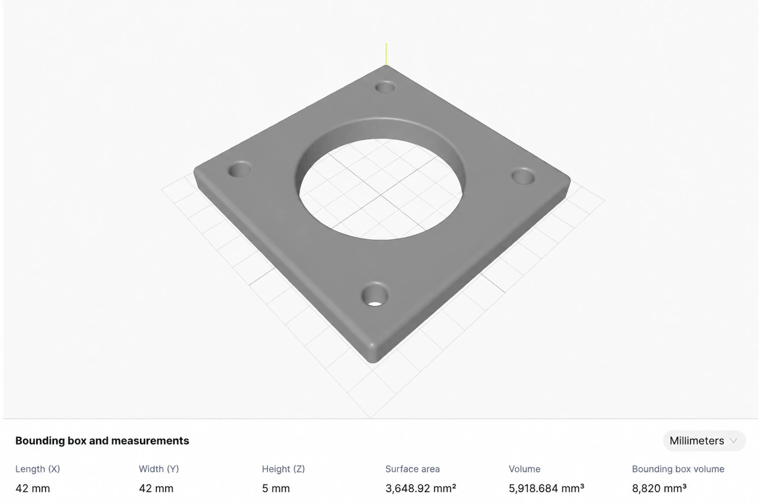 Gray recolor of the supplied 3ERP project preview, showing a mounting plate and the original reference measurements