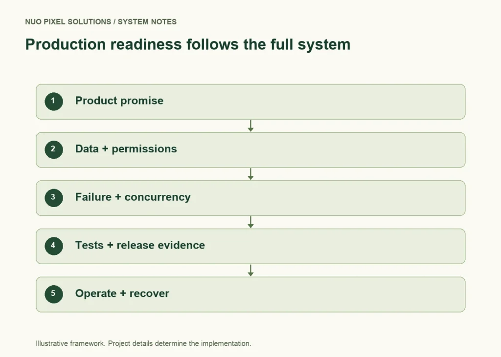 Production readiness follows the full system: Product promise → Data + permissions → Failure + concurrency → Tests + release evidence → Operate + recover