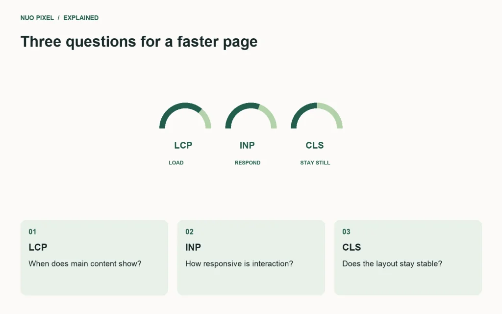 Core Web Vitals examine loading, interaction responsiveness, and visual stability.