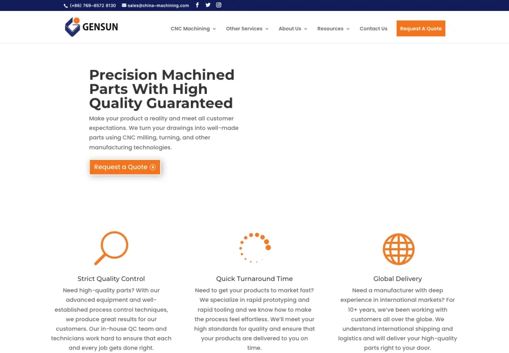 Gensun Precision Machining website homepage showing its visual hierarchy and manufacturing services