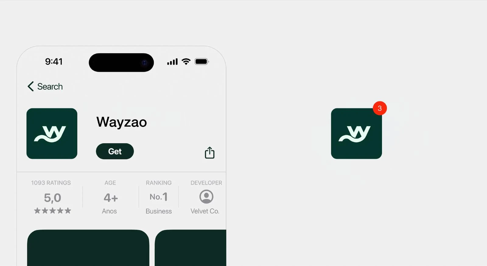 WayZao compact mark shown in an app-icon presentation mockup