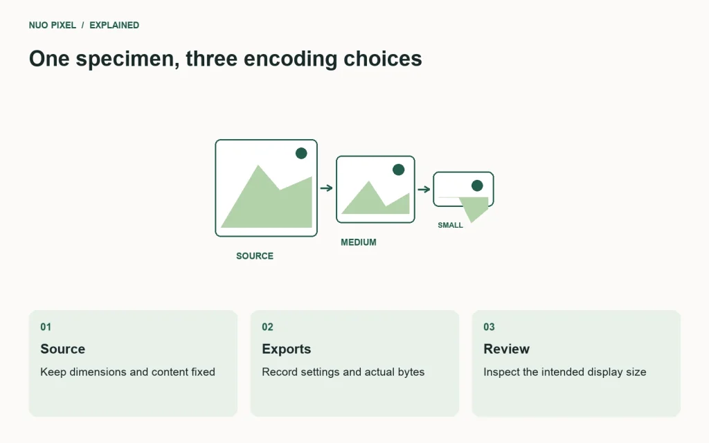 The same source image is exported into several sizes or formats for a controlled comparison.