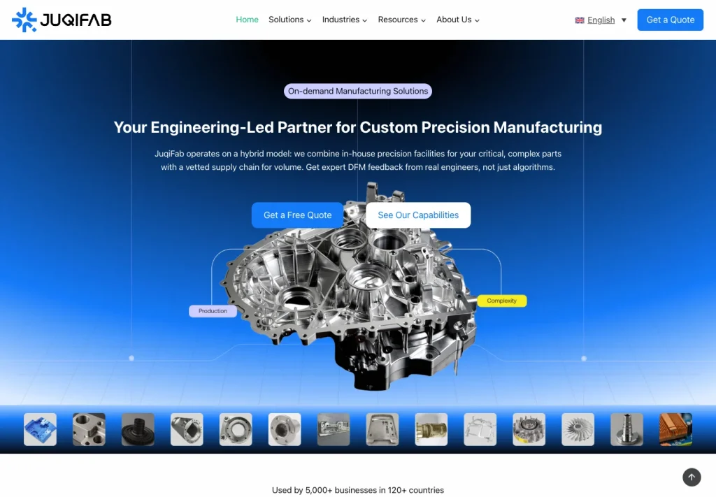 JUQIFAB website homepage showing its visual hierarchy and manufacturing services