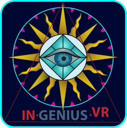 Illustrated IN·GENIUS·VR emblem with an eye, geometric forms and radiating shapes