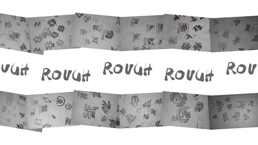 Nuo Pixel logo sketching montage showing hand-drawn symbols, letterforms and exploratory directions