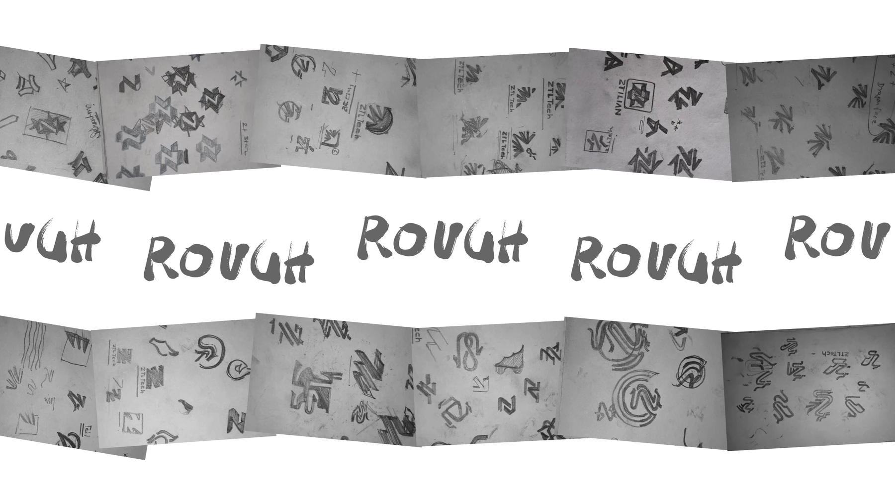 Nuo Pixel logo sketching montage showing hand-drawn symbols, letterforms and exploratory directions