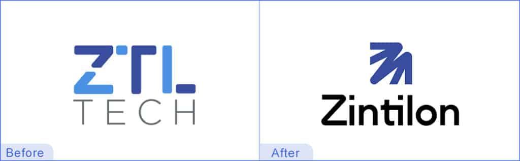 Client-published comparison of the ZTL TECH identity and the blue Zintilon mark