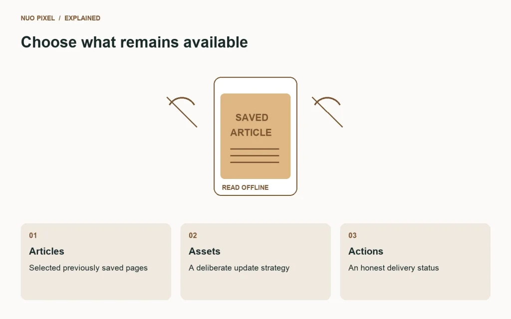 Offline planning distinguishes saved articles, cached assets, and actions that need a connection.