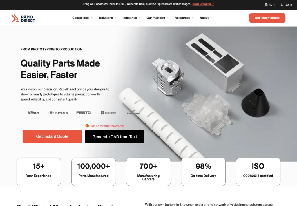 RapidDirect website homepage showing its visual hierarchy and manufacturing services