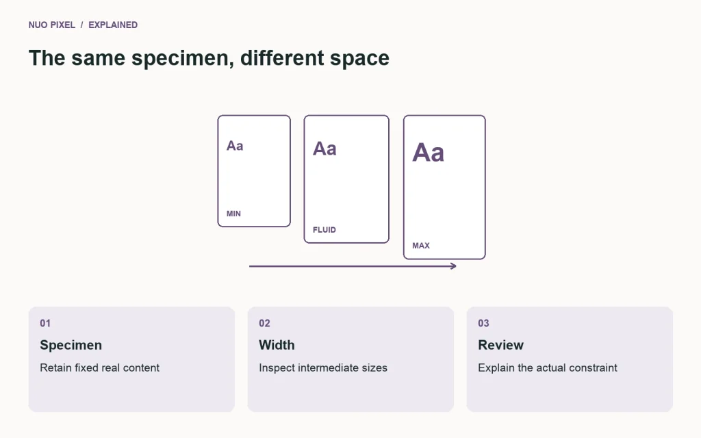 The responsive workbench varies a fixed specimen width to reveal content and layout constraints.
