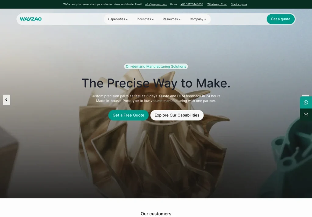 WayZao website homepage showing its visual hierarchy and manufacturing services