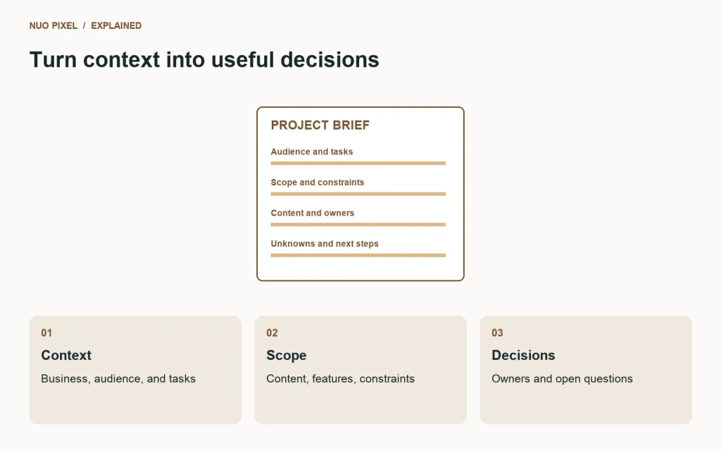 A website brief organizes context, scope, and the decisions that need an owner.