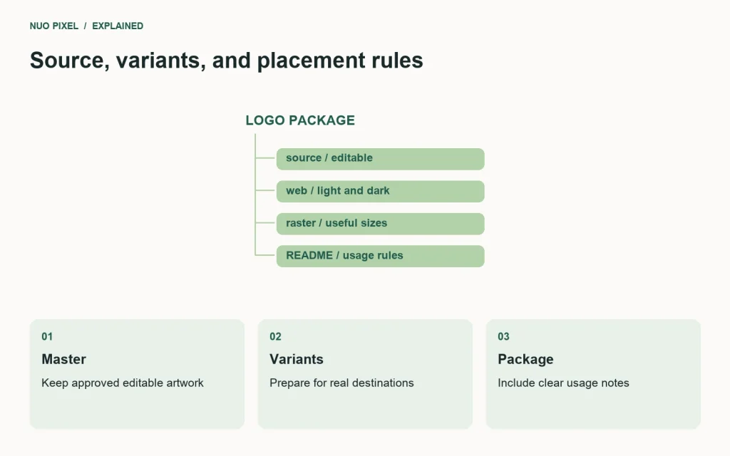A logo package retains the source, prepares destination variants, and documents their use.