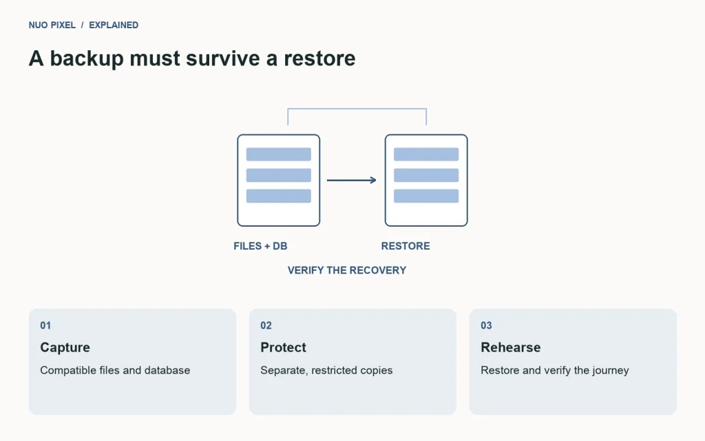 A recovery workflow captures files and database, protects separate copies, and rehearses restoration.