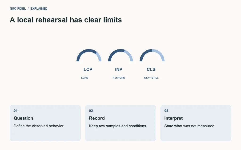 A performance rehearsal separates the measurement question, raw record, and interpretation.