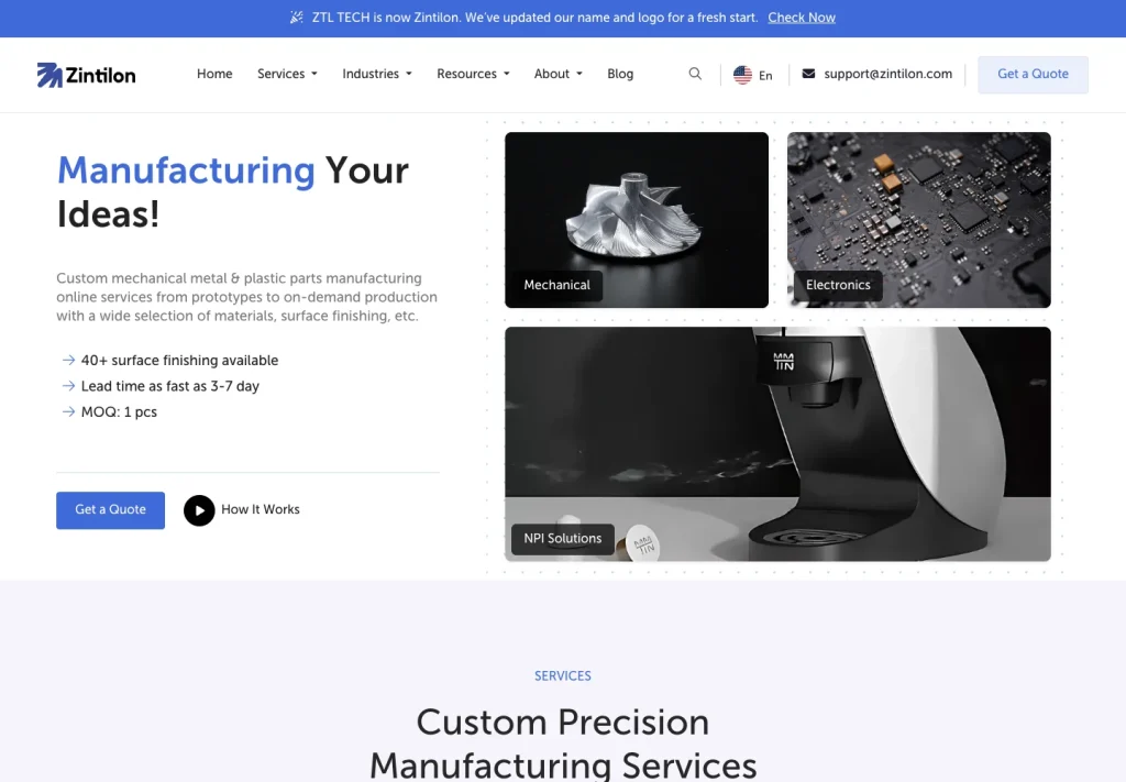 Zintilon website homepage showing its visual hierarchy and manufacturing services
