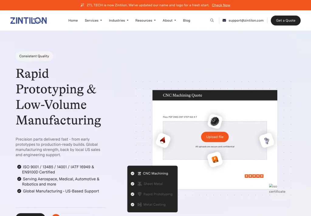 Zintilon US website homepage showing its visual hierarchy and manufacturing services